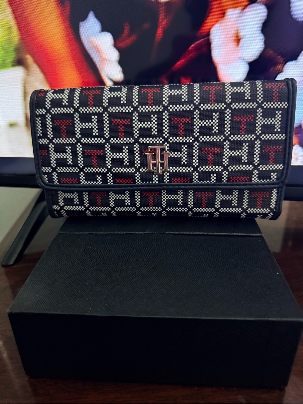 Tommy Hilfiger Black & Red Monogram Flap Wallet with Logo Hardware